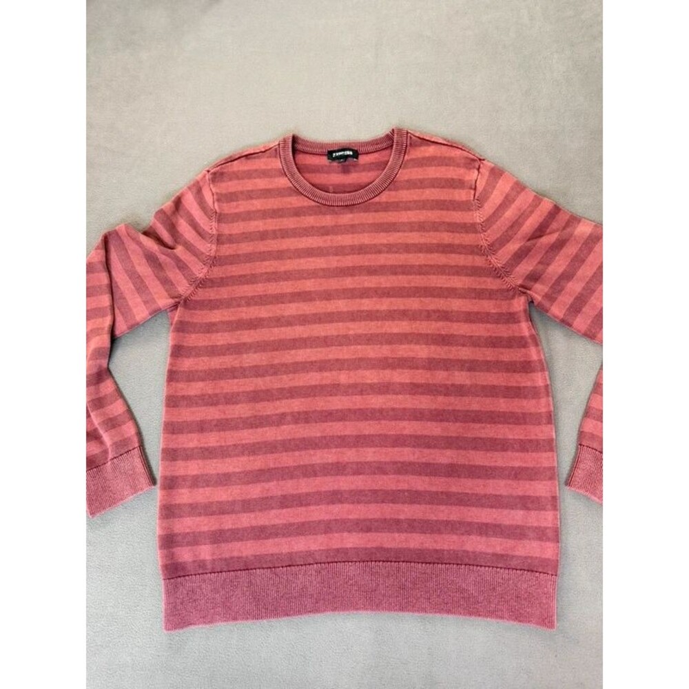 Express Men’s Striped Crewneck Sweater-Pink/Rose- XL